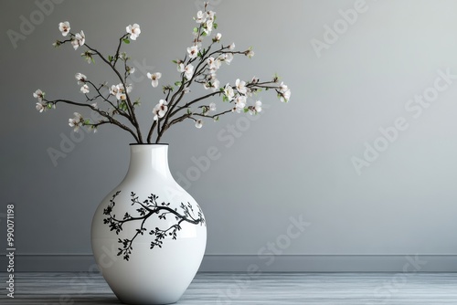 White vase with black tree and flower pattern on fuzzy white background