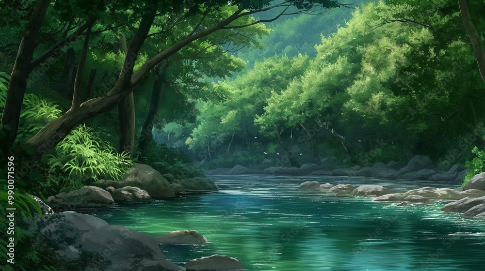 anime background of the nice landscape of green river anime background of the nice landscape of green river