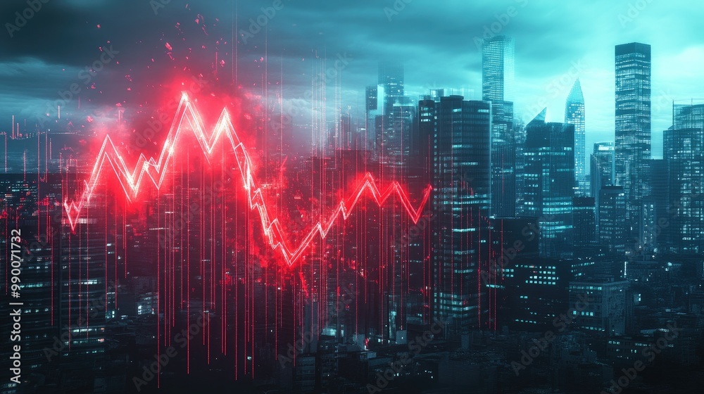 Futuristic city skyline with a red arrow crashing into the ground, representing stock market collapse Futuristic city skyline with a red arrow crashing into the ground, representing stock market collapse