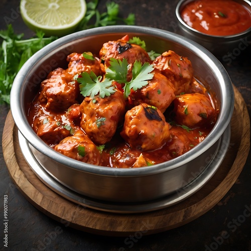 Delicious juicy tasty Chicken tikka dish well cooked with some vegetable served, Chicken tikka masala, cooked marinated chicken in spiced curry sauce