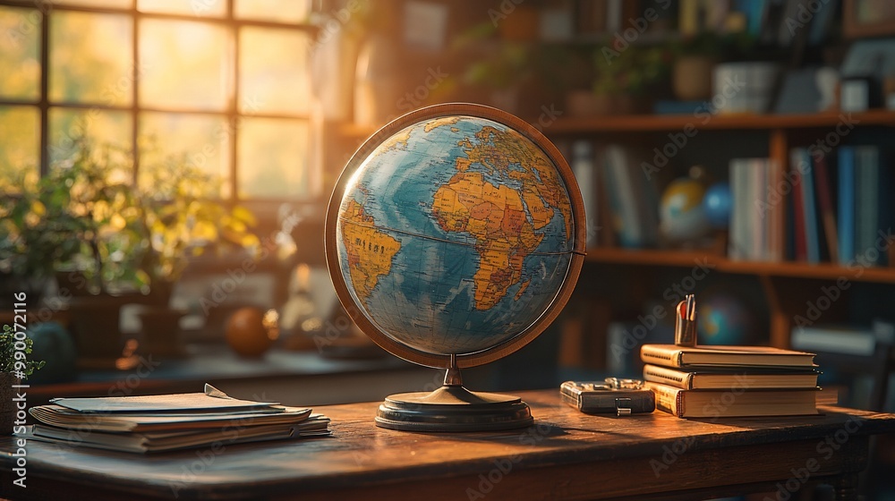 Globe on wooden desk with books and sunlight shining through window. Globe on wooden desk with books and sunlight shining through window.