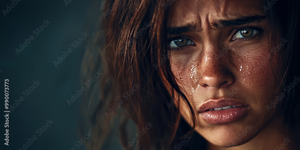 A sad woman with brown hair crying and suffering on a dark background, generative AI A sad woman with brown hair crying and suffering on a dark background, generative AI