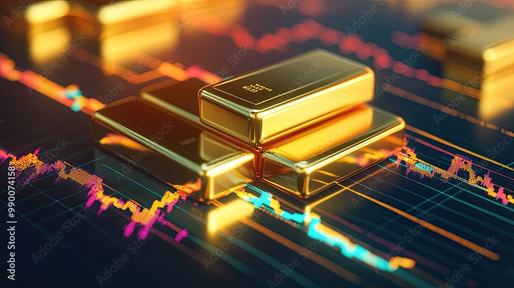 Gold bars reflecting light with a background of stock market graphs, highlighting investment opportunities. Gold bars reflecting light with a background of stock market graphs, highlighting investment opportunities.