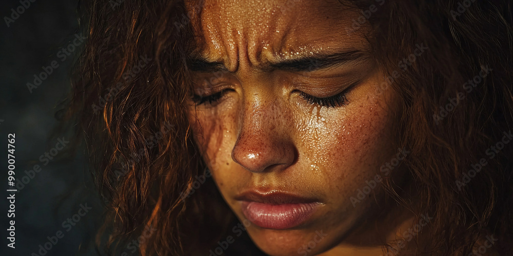 A sad woman with brown hair crying and suffering on a dark background, generative AI A sad woman with brown hair crying and suffering on a dark background, generative AI
