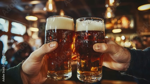 Young men drinking beer at a lively pub, clinking glasses.