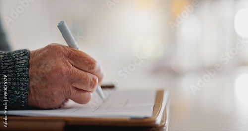 Foto Senior person, hands and signature on will in home, insurance paperwork and plan for title deed