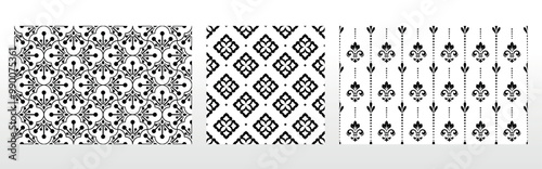 Geometric floral set of seamless patterns. White and black vector backgrounds. Damask graphic ornaments.