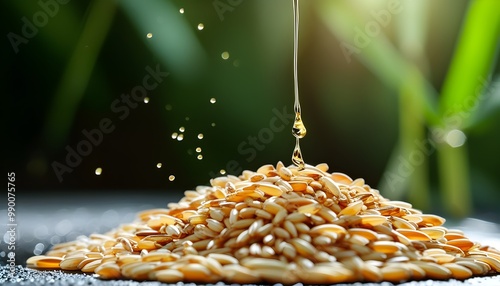 Rice bran oil cascading from rice seeds amidst a backdrop of abundant rice grains photo