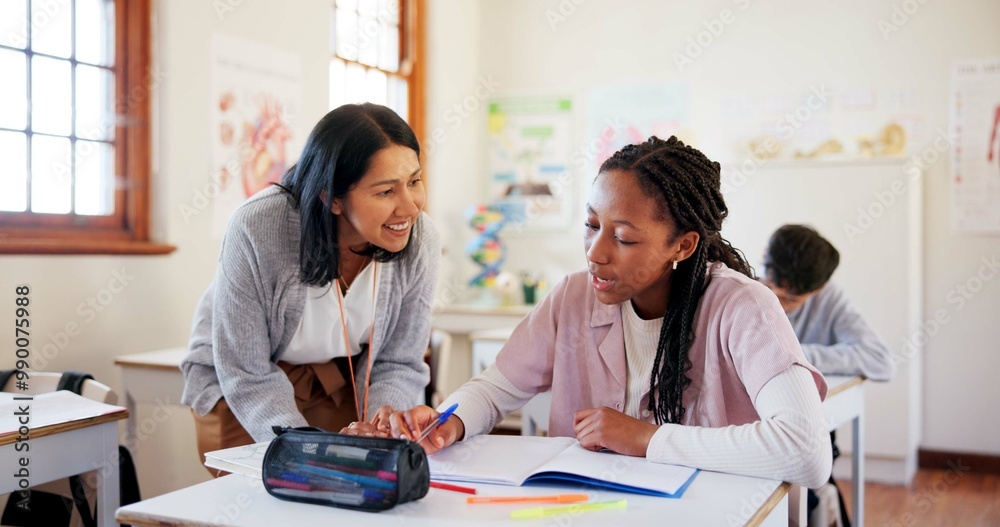 Happy teacher, student and teenager with notebook for question, help or assistance at school. Young, female person or educator with learner for exam, test or studying in classroom for open assessment Happy teacher, student and teenager with notebook for question, help or assistance at school. Young, female person or educator with learner for exam, test or studying in classroom for open assessment