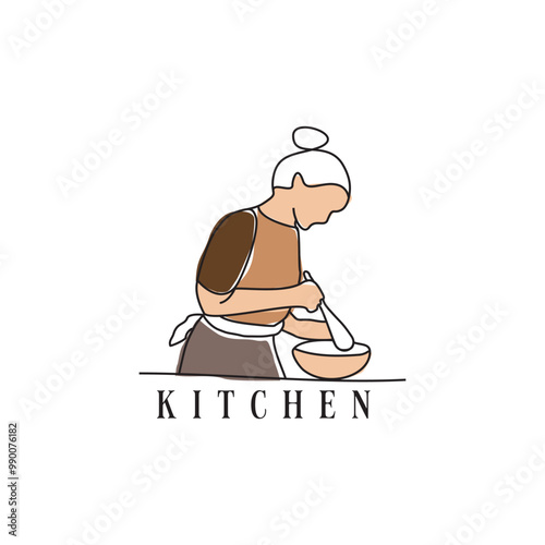 Woman cooking continuous line vector logo design