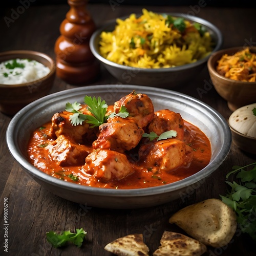 Delicious juicy tasty Chicken tikka dish well cooked with some vegetable served, Chicken tikka masala, cooked marinated chicken in spiced curry sauce