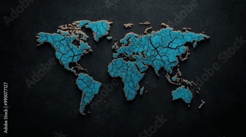 A world map with cracked, peeling blue surfaces, representing global instability, environmental issues, and economic challenges across continents.