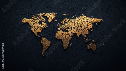 A world map with cracked, peeling gold surfaces symbolizes global instability, environmental crises, and the economic challenges faced across continents.