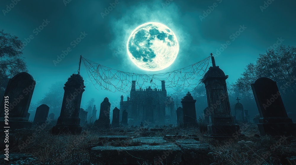 Eerie graveyard under a luminous full moon, creating a haunting atmosphere. Eerie graveyard under a luminous full moon, creating a haunting atmosphere.