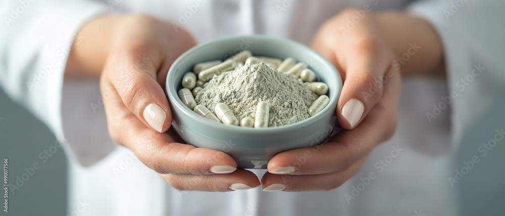 Close-up of pharmacist's hands blending herbal powders into capsules, herbal compounding, customized herbal remedies Close-up of pharmacist's hands blending herbal powders into capsules, herbal compounding, customized herbal remedies