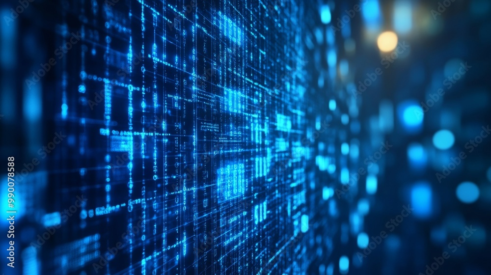 Code and Big Data Connectivity for Cloud Storage and AI. Blue Matrix Background for Quantum Computing and Algorithms Code and Big Data Connectivity for Cloud Storage and AI. Blue Matrix Background for Quantum Computing and Algorithms