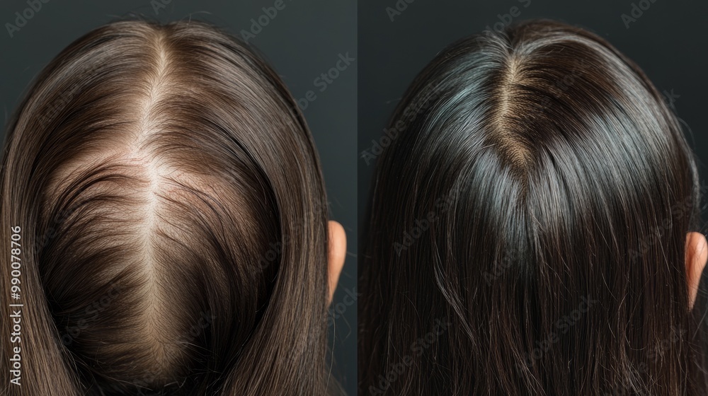 Fototapeta premium Hair Loss and Growth in Women. Before and After Comparison for Treatment and Haircare Results
