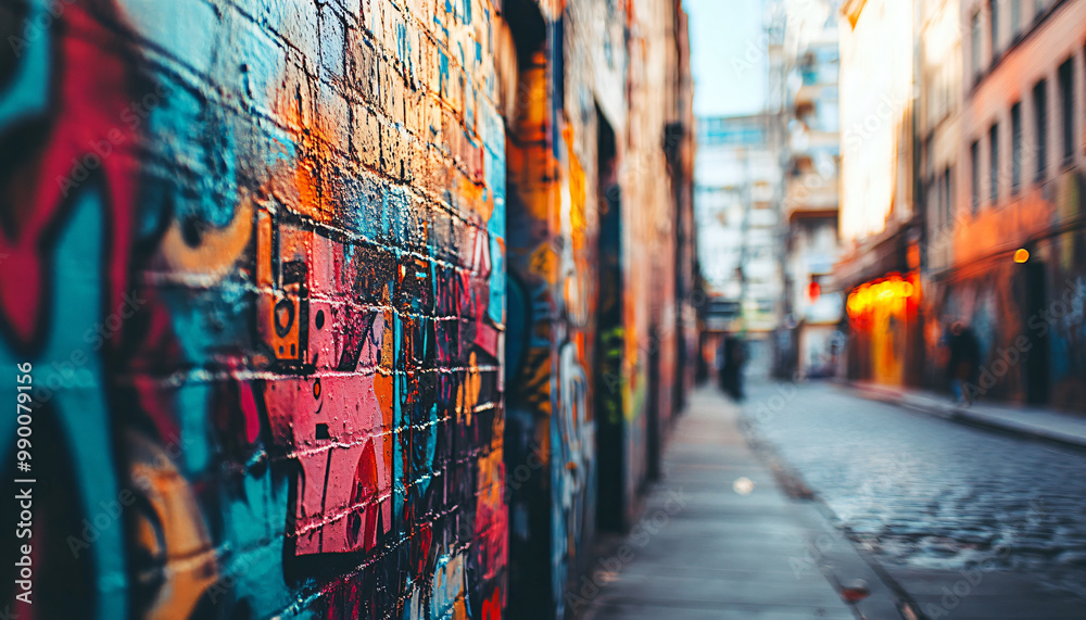 Naklejka premium A graffiti-covered urban wall, showcasing vibrant colors, bold lines, and an edgy, artistic vibe
