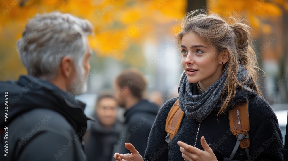 Fototapeta premium Engaging conversation between a young woman and an older man amidst vibrant autumn foliage in an urban setting