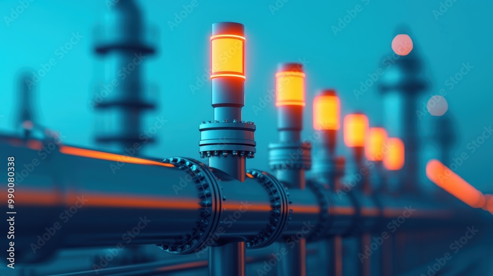 Industrial Pipeline with Warning Lights at Dusk Industrial Pipeline with Warning Lights at Dusk