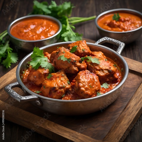 Delicious juicy tasty Chicken tikka dish well cooked with some vegetable served, Chicken tikka masala, cooked marinated chicken in spiced curry sauce