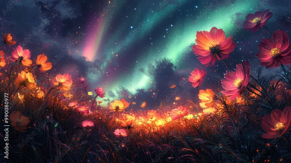 Fototapeta premium Magical Cosmos Flowers Under Night Sky With Aurora Borealis