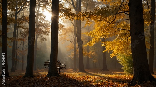 Golden Chill Mornings. A peaceful autumn morning with golden leaves glowing in the sunlight and a crisp breeze. Realistic style. photo