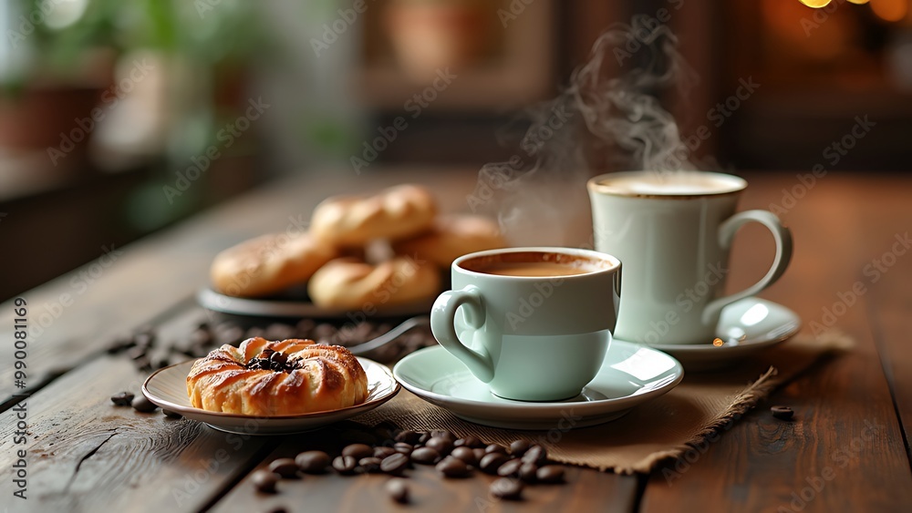 A pair of coffee cups elegantly placed on a rustic wooden table, evoking warmth and comfort. The natural wood enhances the cozy atmosphere, perfect for enjoying a relaxing brew. A pair of coffee cups elegantly placed on a rustic wooden table, evoking warmth and comfort. The natural wood enhances the cozy atmosphere, perfect for enjoying a relaxing brew.