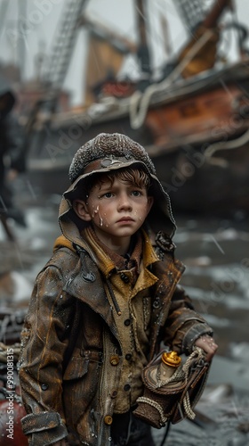 A Young Boy Standing in the Rain, Looking Sad photo