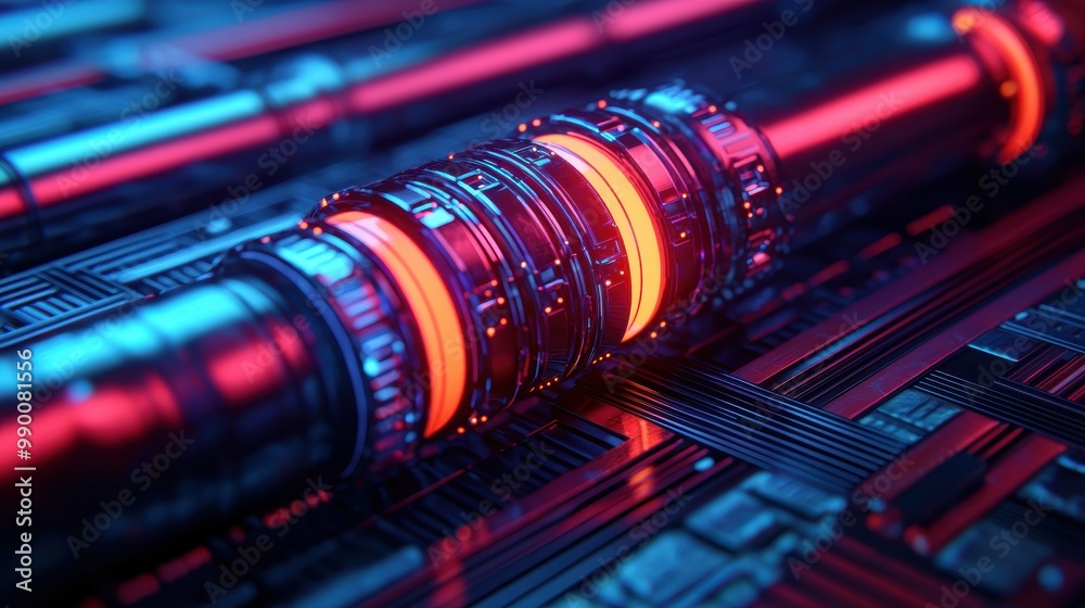 Futuristic Abstract Design with Neon Glow and Metallic Elements