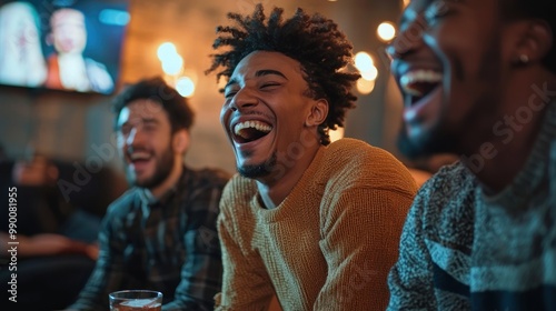 Young men laughing while watching a comedy show on TV.