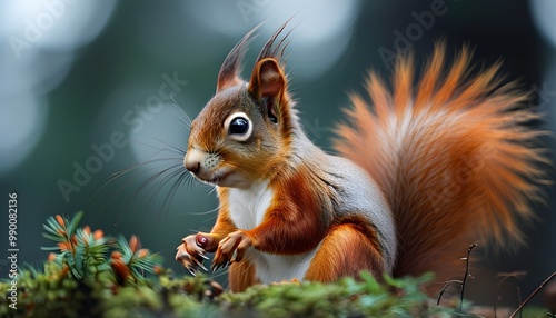 Red squirrel amidst lush greenery in a serene natural setting