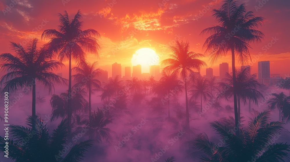 Obraz premium Sunset Cityscape with Palm Trees and Fog