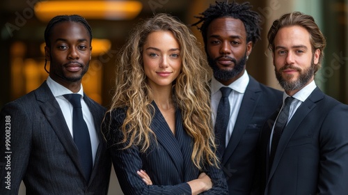 A group of four professionals in smart suits posing confidently in a modern office setting during the day