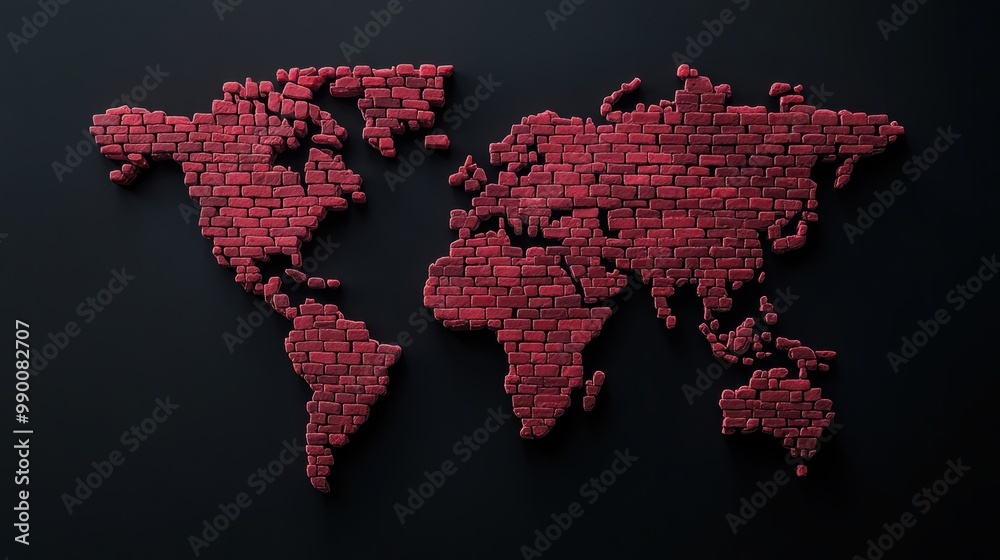 A red brick map of the world displayed on a black background, symbolizing global unity, construction, and geography.