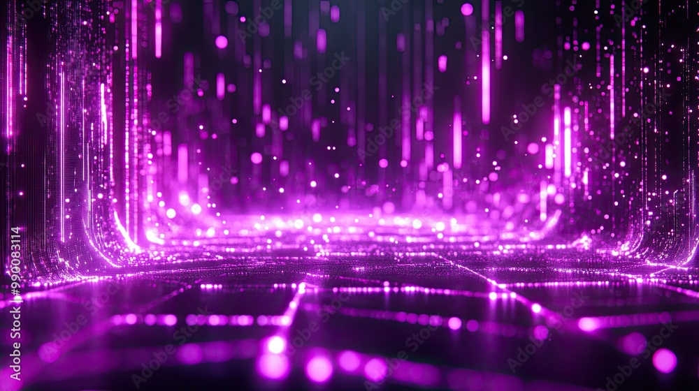 Neon purple particles forming a futuristic background in a sleek, modern room setting. Neon purple particles forming a futuristic background in a sleek, modern room setting.