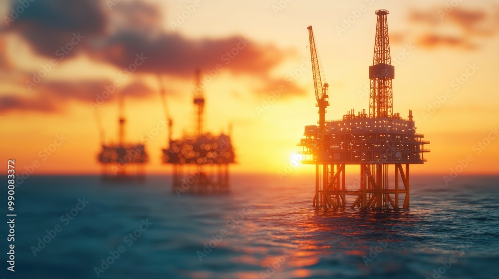 Obraz premium Offshore Oil Rig at Sunset over Calm Waters