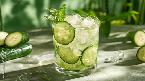 Glass of cucumber water with ice and mint.