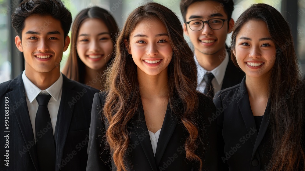 Group of young professionals posing confidently in business suits during a sunny day in an urban office setting Group of young professionals posing confidently in business suits during a sunny day in an urban office setting