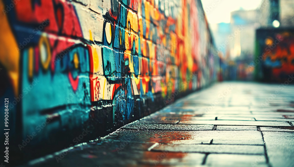 Fototapeta premium A graffiti-covered urban wall, showcasing vibrant colors, bold lines, and an edgy, artistic vibe