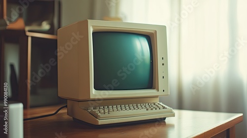 Old computer monitor with flickering screen sitting on a wooden desk, evoking 90s nostalgia.