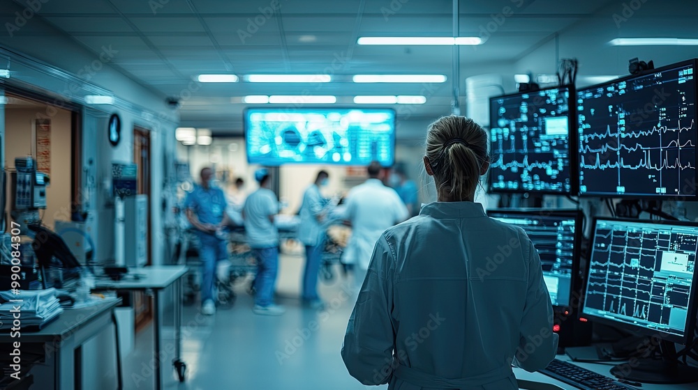 Modern Hospital Operating Room with Medical Staff and Advanced Monitoring Equipment