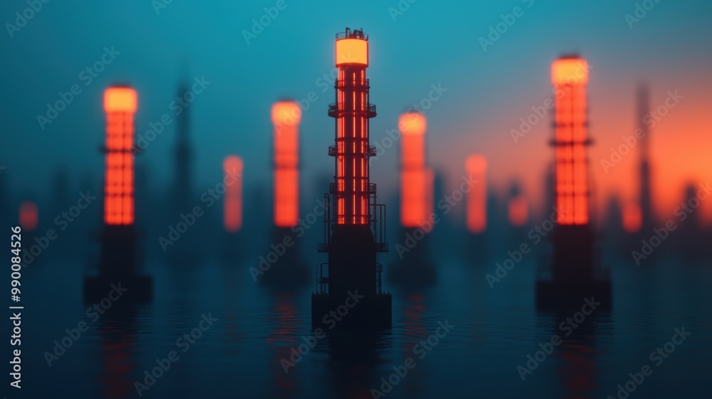 Industrial Towers with Glowing Lights at Dusk Industrial Towers with Glowing Lights at Dusk
