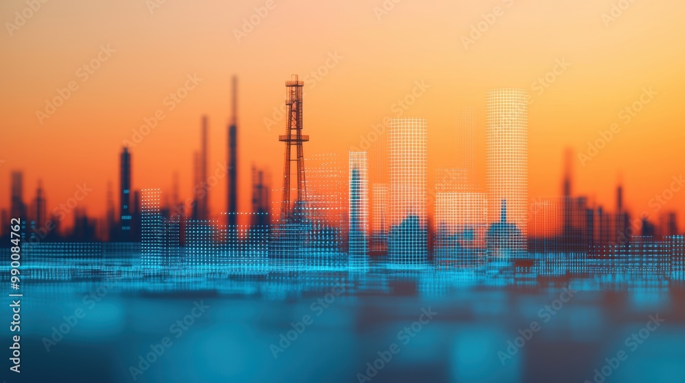 Industrial Skyline at Sunset with Digital Overlay Effects Industrial Skyline at Sunset with Digital Overlay Effects