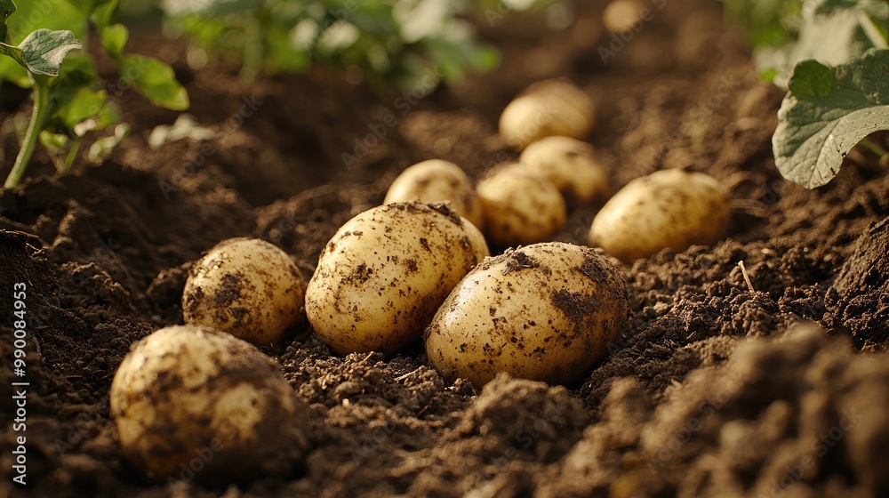 Freshly Harvested Potatoes in a Field with Rich Soil and Green Foliage Under Natural Sunlight Freshly Harvested Potatoes in a Field with Rich Soil and Green Foliage Under Natural Sunlight