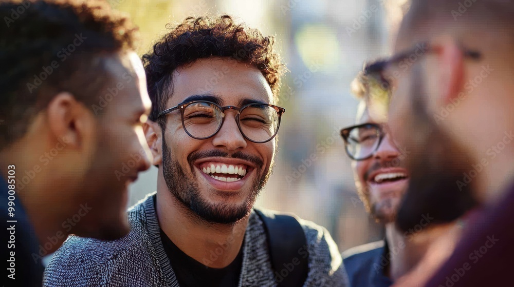 Young men smiling warmly at a friend’s joke. Young men smiling warmly at a friend’s joke.
