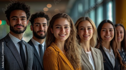 Diverse group of young professionals smiling together in a modern office setting during the afternoon