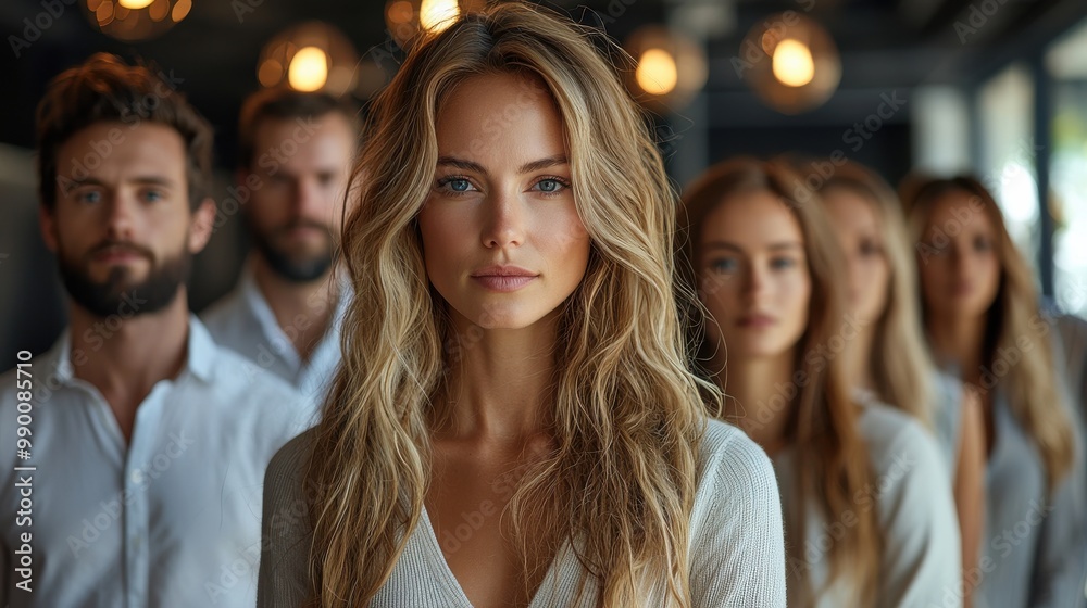 Fototapeta premium A group of people in stylish attire standing in a modern setting, showcasing unity and elegance during a relaxed gathering in the evening