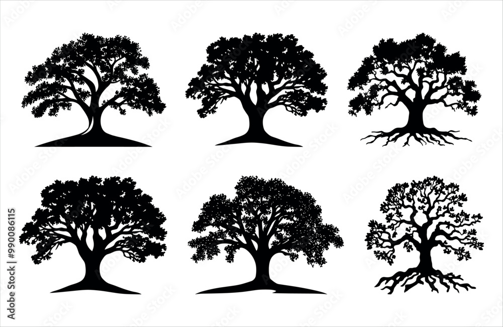 Obraz premium High quality oak tree silhouette vector isolated on white. nature. black color tree icon, copy space. 