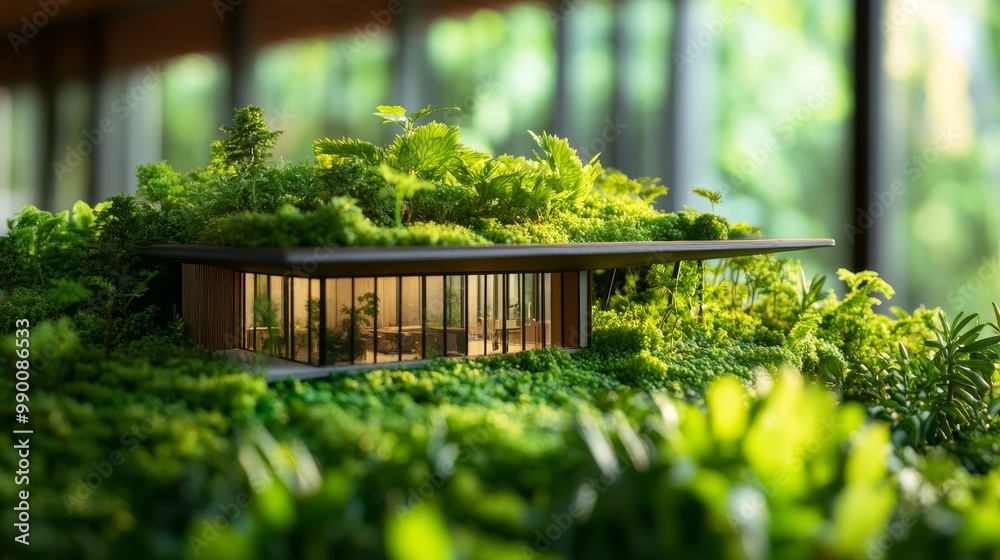A Sleek Miniature Architectural Model Showcases Sustainable Design with a Green Roof, Glass Walls, and Lush Surroundings, Representing Modern Eco-Conscious Architecture A Sleek Miniature Architectural Model Showcases Sustainable Design with a Green Roof, Glass Walls, and Lush Surroundings, Representing Modern Eco-Conscious Architecture